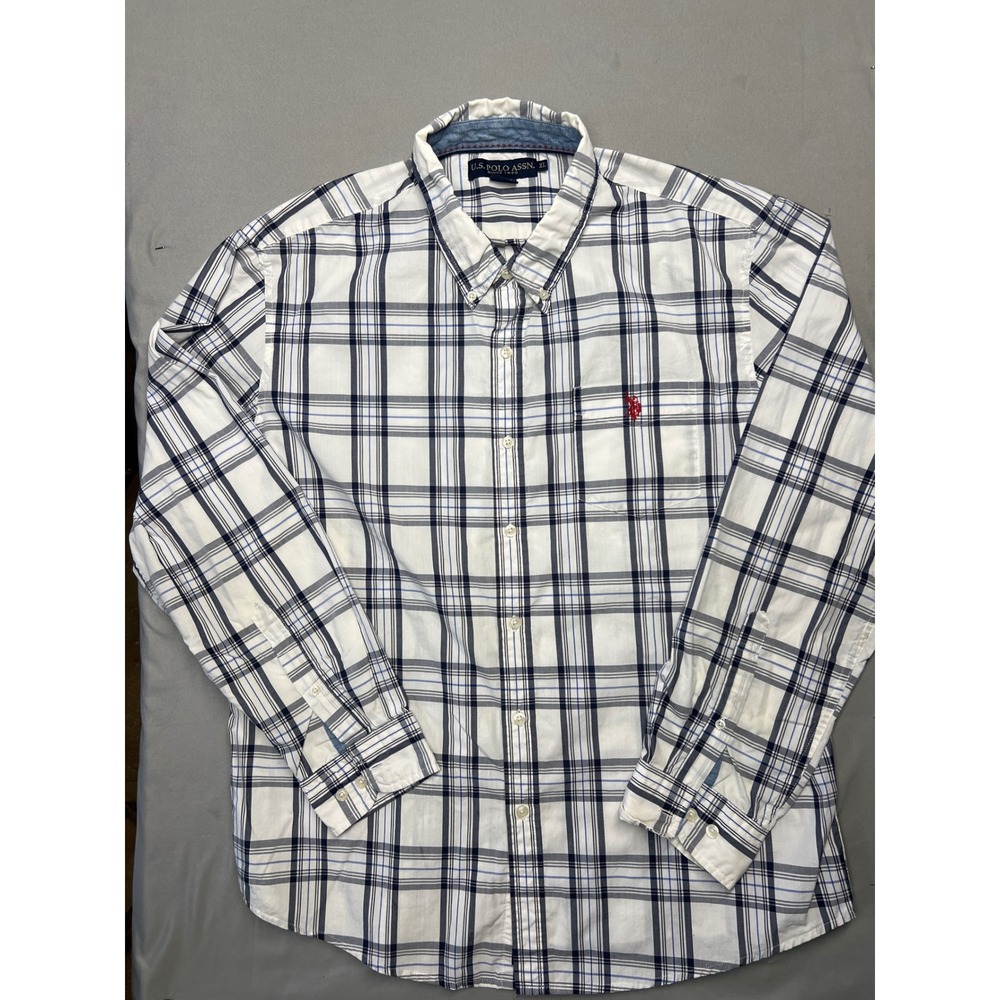 US Polo Assn Mens XL White Navy Blue Plaid Button Down Shirt 119579P8